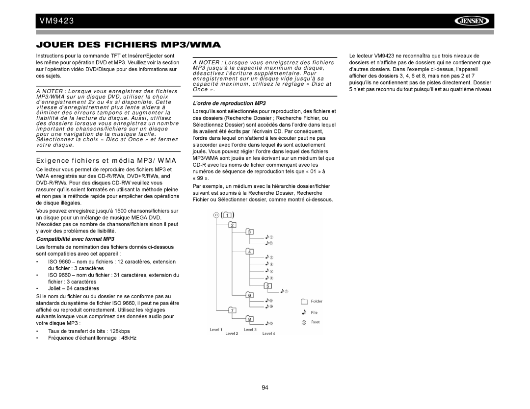 Jensen VM9423 Jouer DES Fichiers MP3/WMA, Exigence fichiers et média MP3/WMA, Compatibilité avec format MP3, « 99 » 