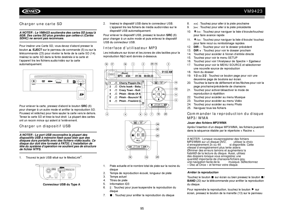 Jensen VM9423 Charger une carte SD, Interface d’utilisateur MP3, Charger un dispositif USB, Jouer des fichiers MP3/WMA 