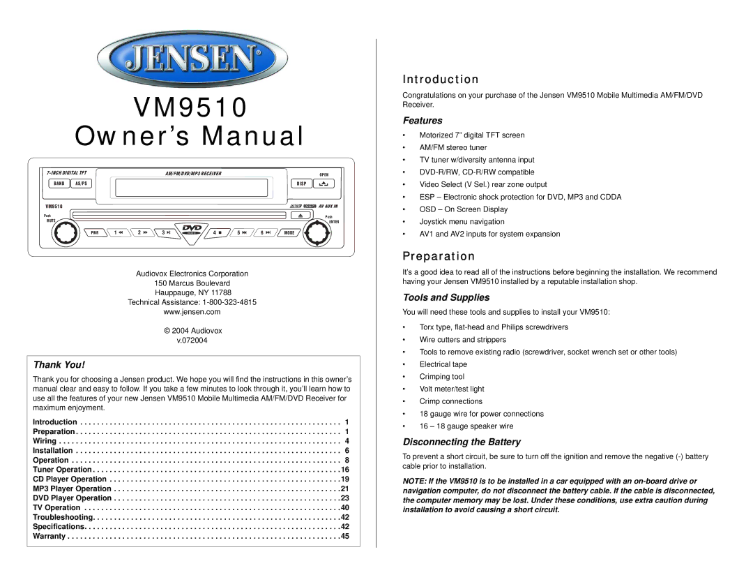 Jensen VM9510 owner manual Introduction, Preparation 