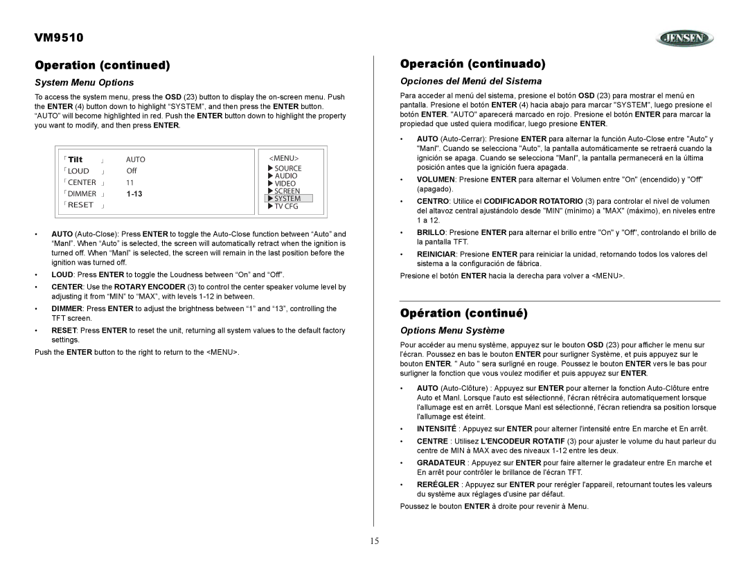 Jensen VM9510 owner manual System Menu Options, Opciones del Menú del Sistema, Options Menu Système 