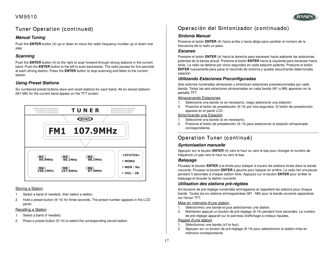 Jensen owner manual VM9510 Tuner Operation, Operación del Sintonizador continuado, Operation Tuner continué 