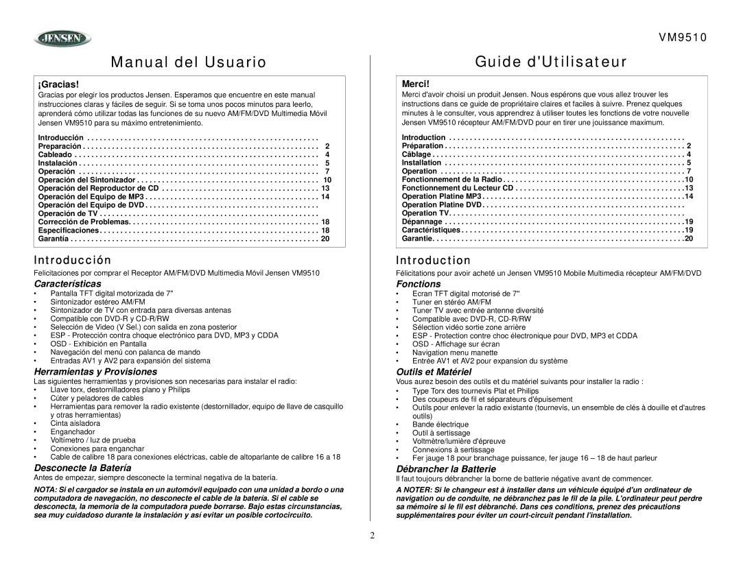 Jensen VM9510 owner manual Introducción 