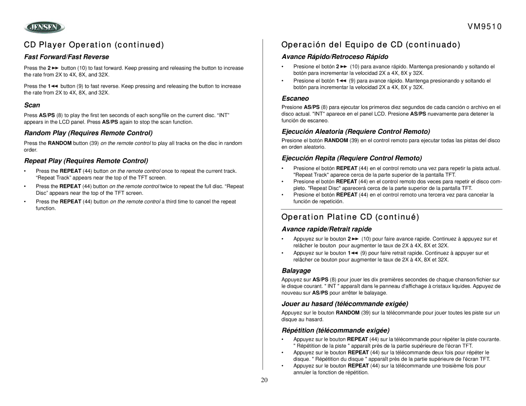 Jensen owner manual VM9510 Operación del Equipo de CD continuado, Operation Platine CD continué 