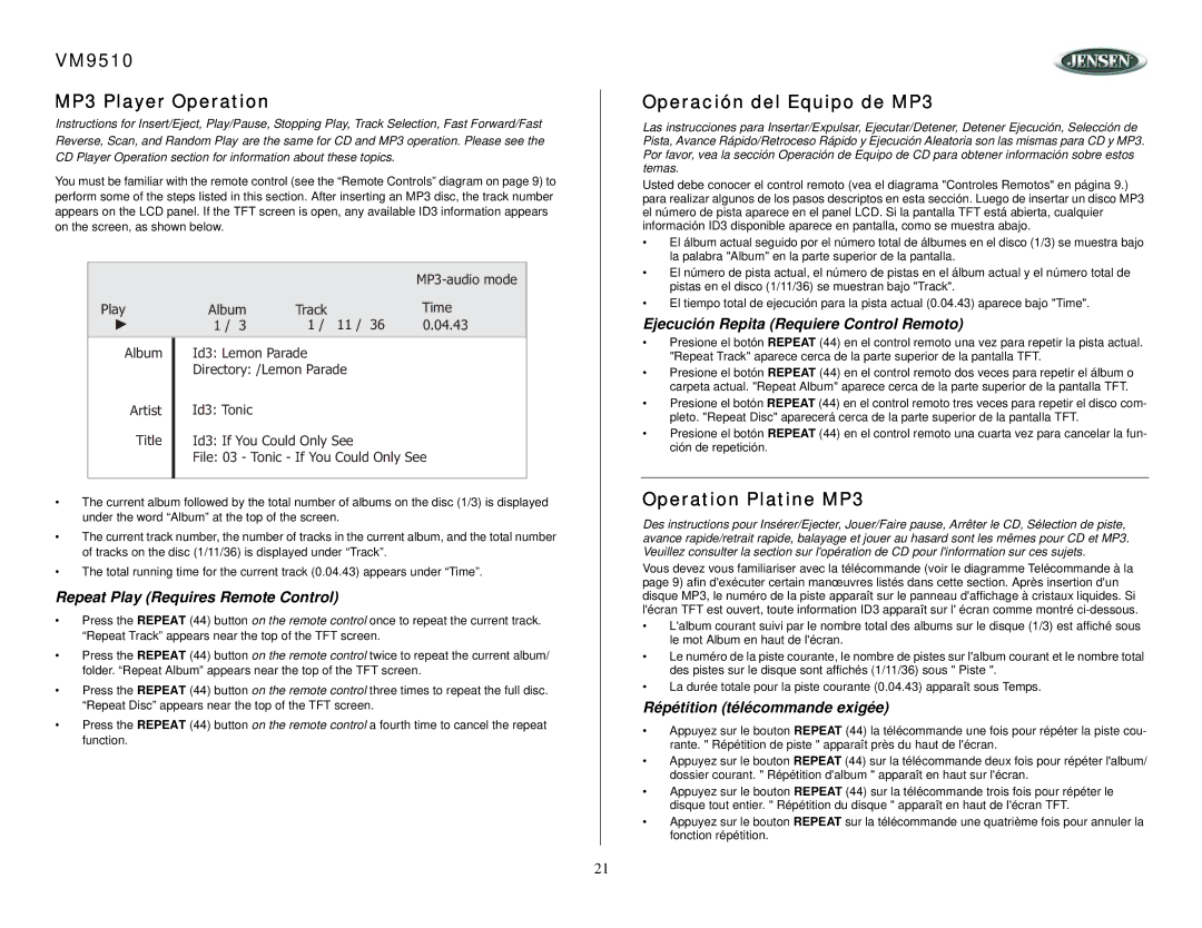 Jensen owner manual VM9510 MP3 Player Operation, Operación del Equipo de MP3, Operation Platine MP3 