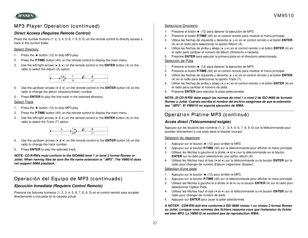 Jensen VM9510 Operación del Equipo de MP3 continuado, Operation Platine MP3 continué, Accès direct Télécommand exigée 