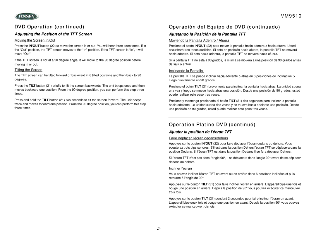 Jensen owner manual DVD Operation, VM9510 Operación del Equipo de DVD continuado, Operation Platine DVD continué 