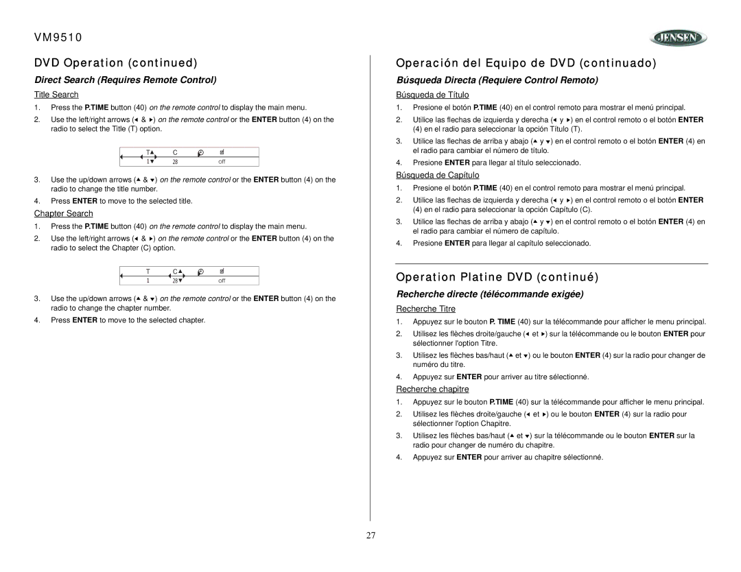 Jensen VM9510 DVD Operation, Direct Search Requires Remote Control, Búsqueda Directa Requiere Control Remoto 