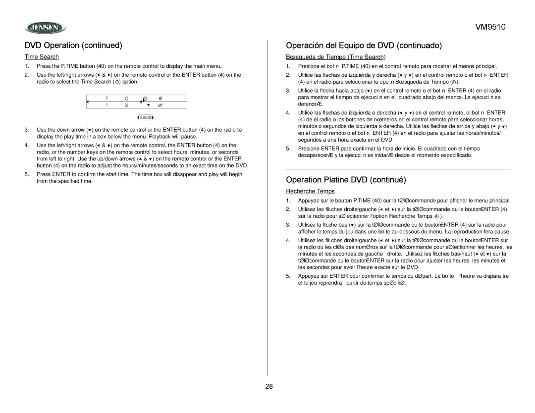 Jensen VM9510 owner manual Búsqueda de Tiempo Time Search, Recherche Temps 