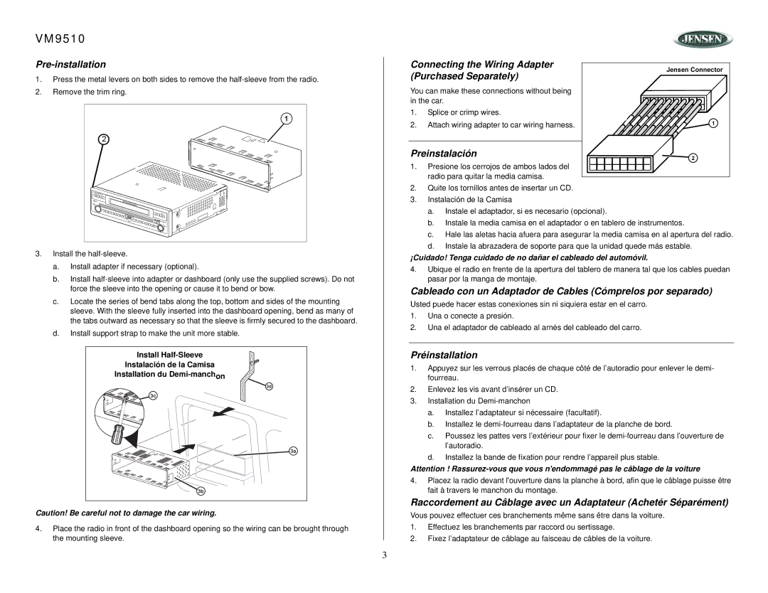 Jensen VM9510 Pre-installation, Connecting the Wiring Adapter Purchased Separately, Preinstalación, Préinstallation 