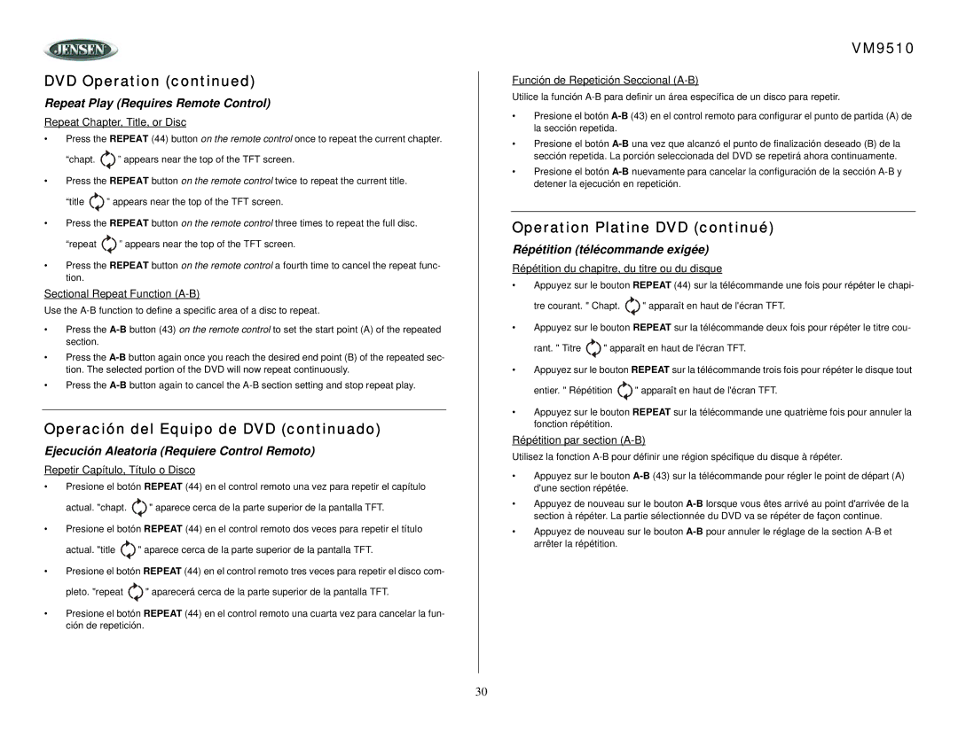 Jensen VM9510 owner manual Repeat Chapter, Title, or Disc, Sectional Repeat Function A-B, Repetir Capítulo, Título o Disco 