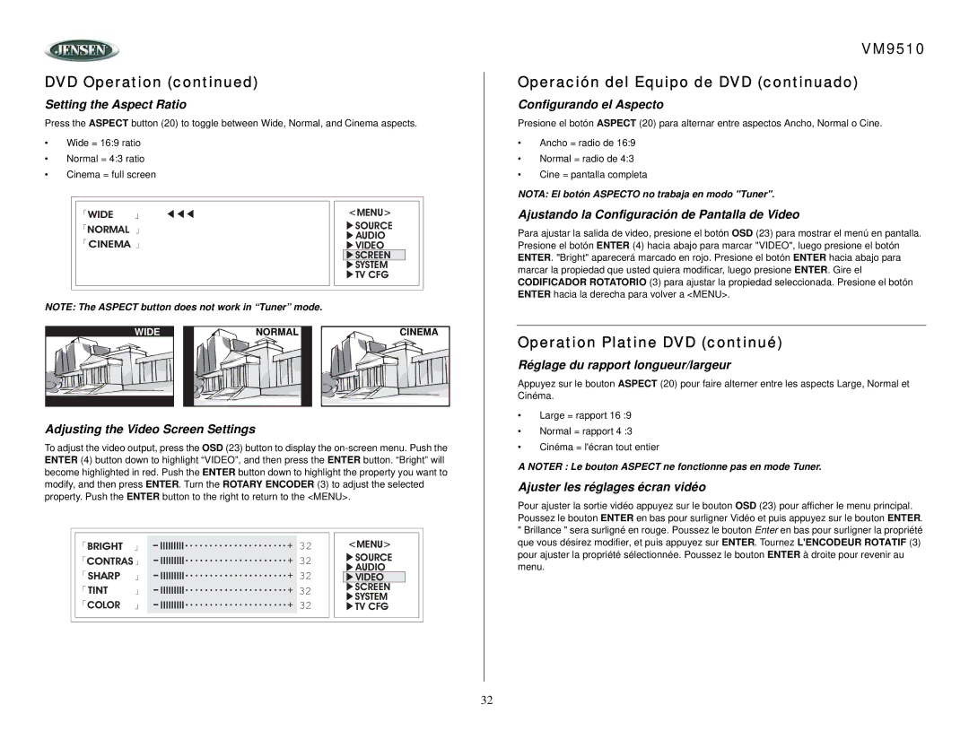 Jensen VM9510 Setting the Aspect Ratio, Configurando el Aspecto, Ajustando la Configuración de Pantalla de Video 