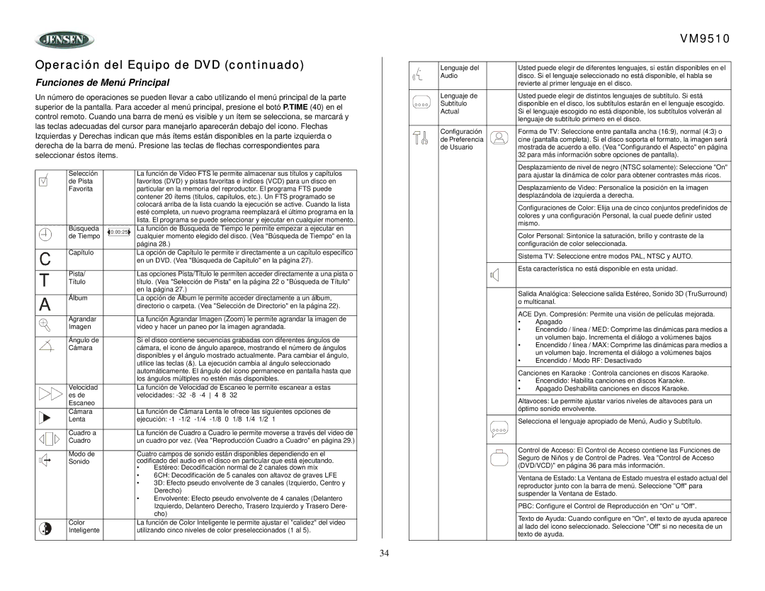 Jensen VM9510 owner manual Funciones de Menú Principal 