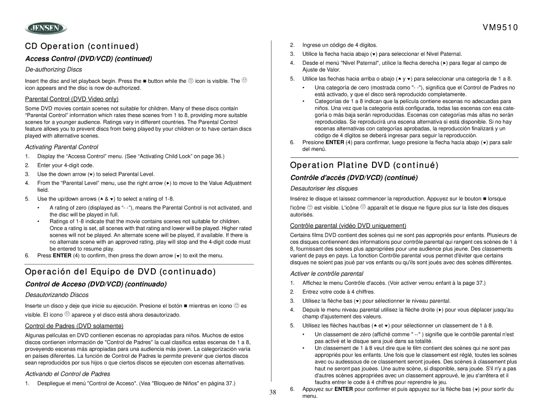 Jensen VM9510 Parental Control DVD Video only, Control de Padres DVD solamente, Contrôle parental vidéo DVD uniquement 