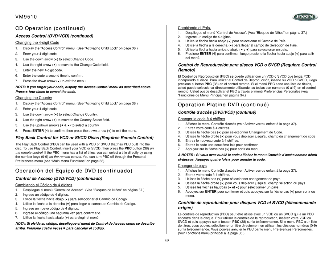 Jensen VM9510 Changing the 4-digit Code, Changing the Country, Cambiando el Código de 4 dígitos, Cambiando el País 