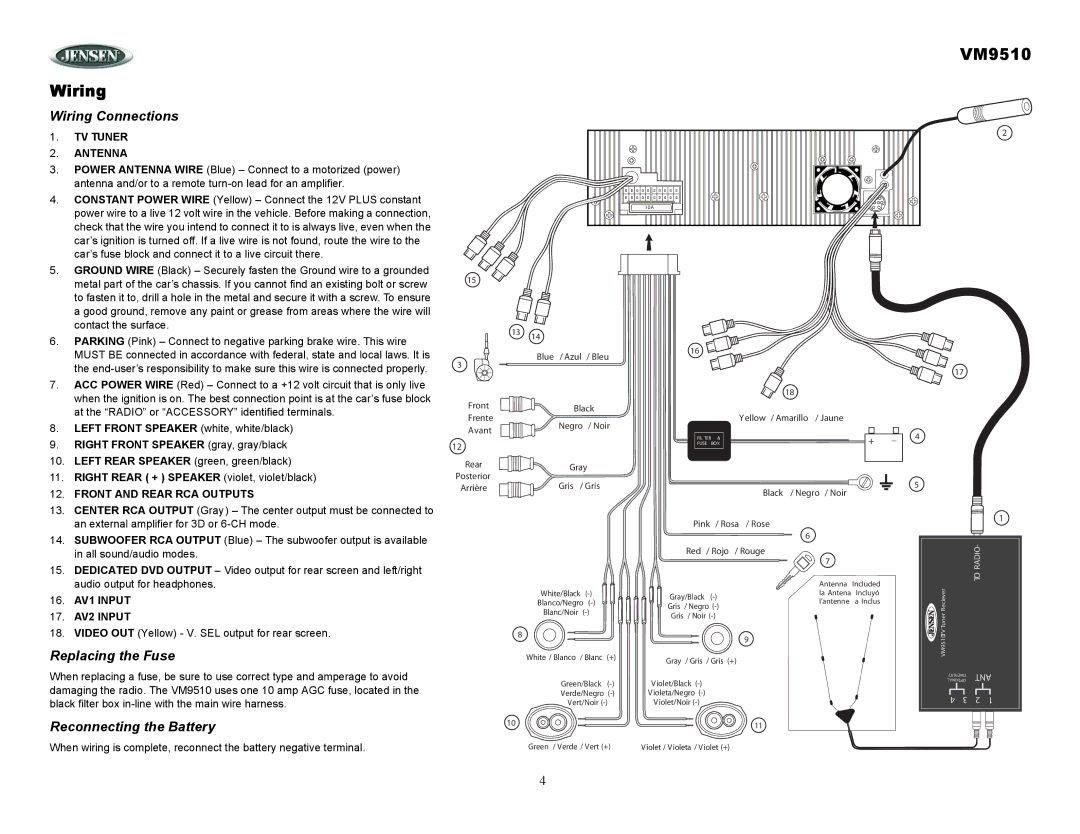 Jensen VM9510 owner manual Wiring Connections, Replacing the Fuse, Reconnecting the Battery 