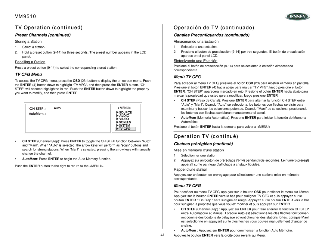 Jensen owner manual VM9510 TV Operation, Operación de TV continuado, Operation TV continué 