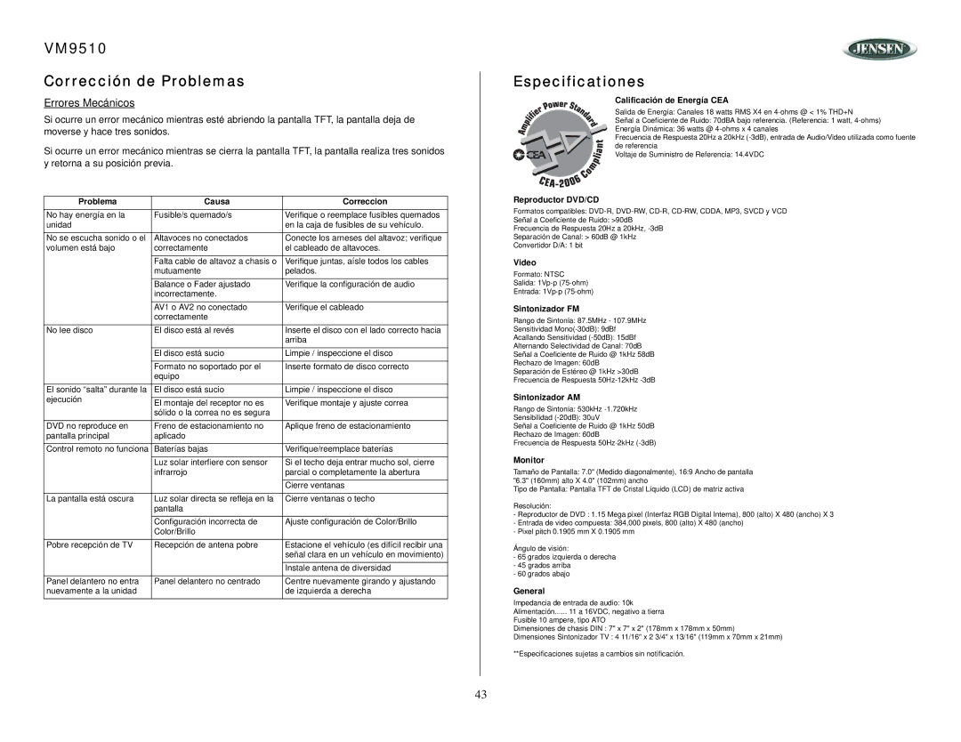 Jensen owner manual VM9510 Corrección de Problemas, Especificationes, Errores Mecánicos 