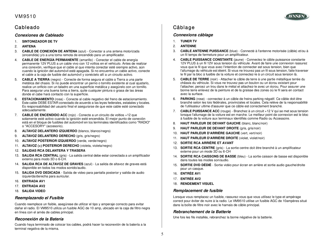 Jensen owner manual VM9510 Cableado, Câblage 