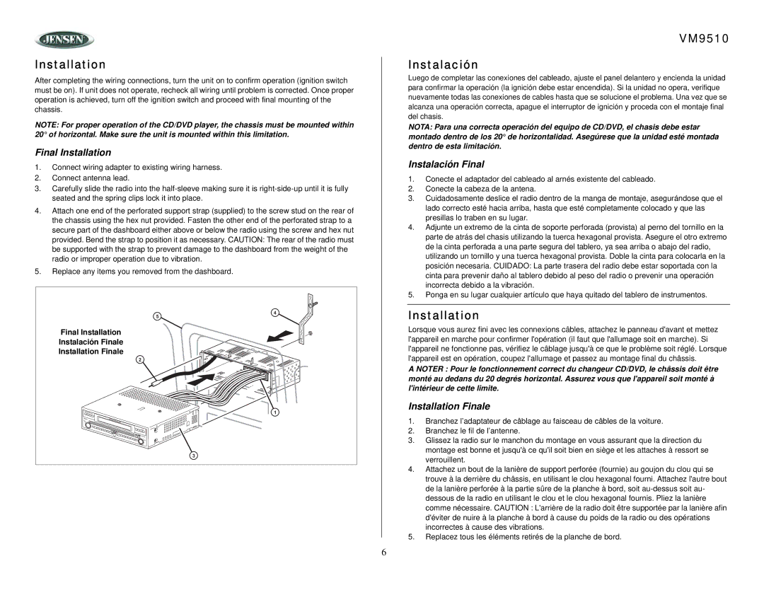 Jensen owner manual VM9510 Instalación, Final Installation, Instalación Final, Installation Finale 