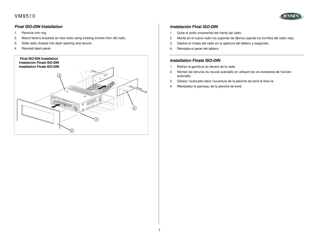 Jensen VM9510 owner manual Final ISO-DIN Installation, Instalación Final ISO-DIN, Installation Finale ISO-DIN 