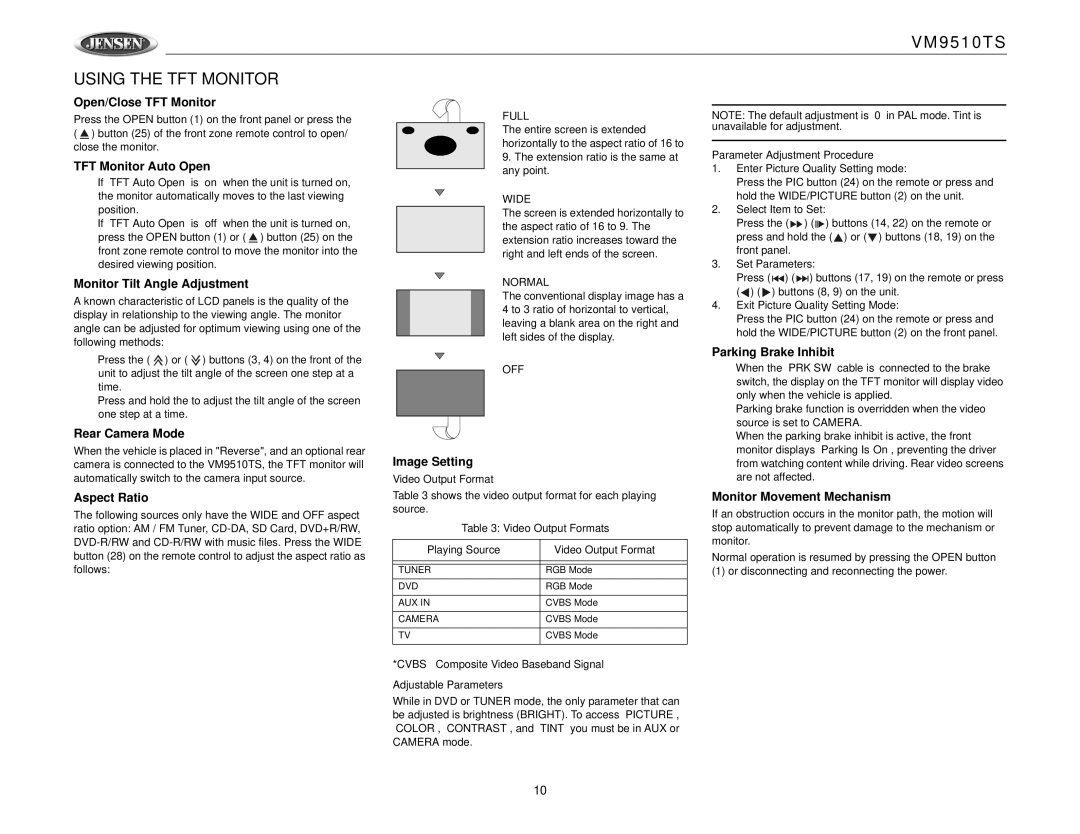 Jensen VM9510TS operation manual Using the TFT Monitor 