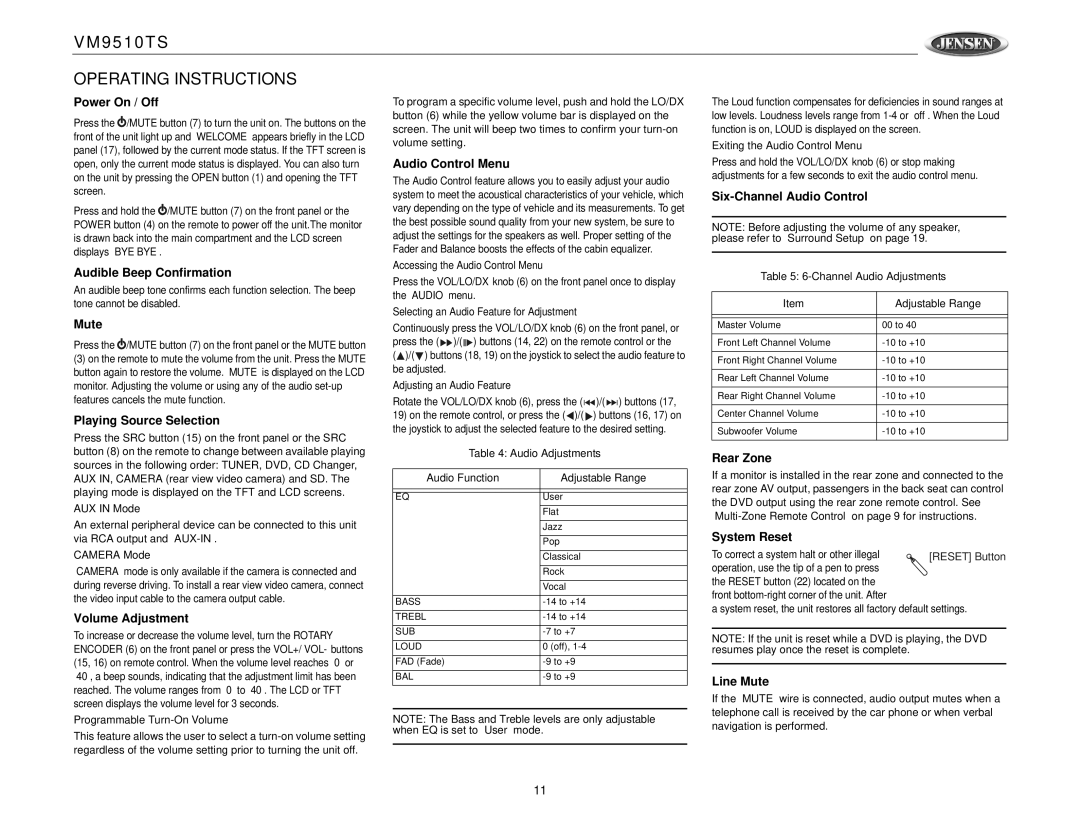 Jensen VM9510TS operation manual Operating Instructions 