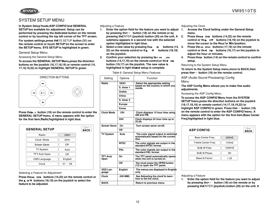 Jensen VM9510TS operation manual System Setup Menu, General Setup Menu, ASP Audio Sound Processing Config Menu 