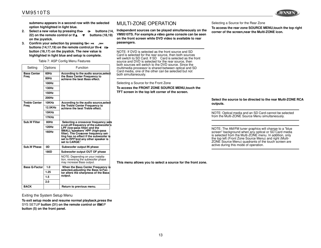 Jensen VM9510TS operation manual MULTI-ZONE Operation, Exiting the System Setup Menu 