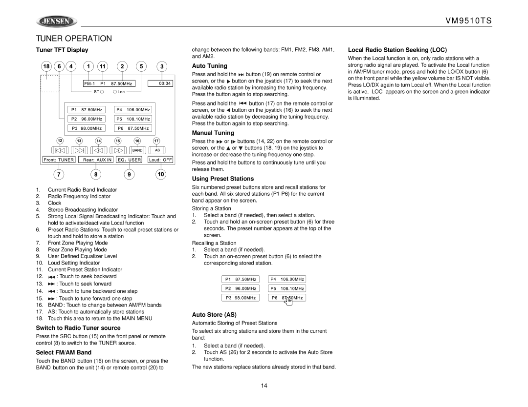 Jensen VM9510TS operation manual Tuner Operation 