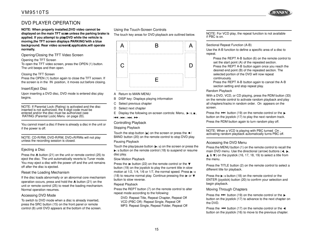 Jensen VM9510TS operation manual DVD Player Operation 