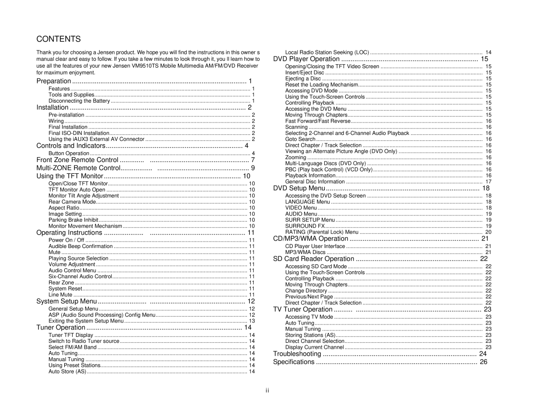 Jensen VM9510TS operation manual Contents 