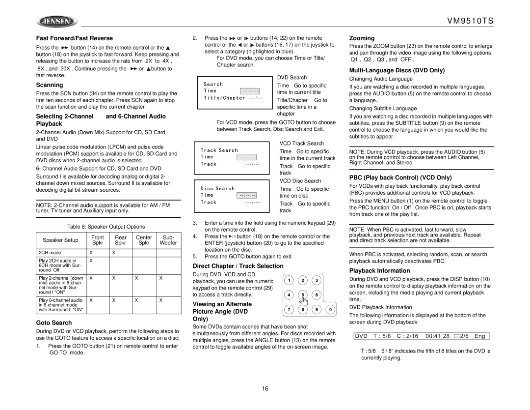 Jensen VM9510TS Fast Forward/Fast Reverse, Scanning, Selecting 2-Channel and 6-Channel Audio Playback, Goto Search 