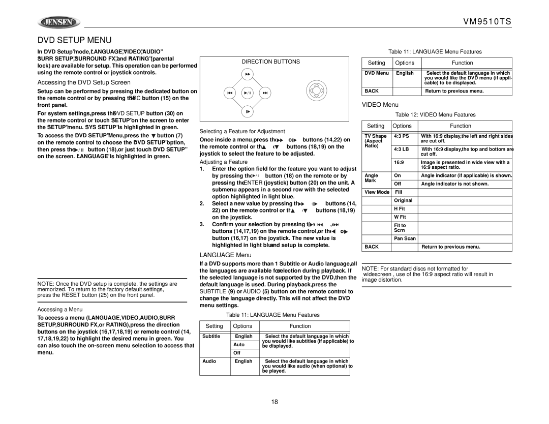 Jensen VM9510TS DVD Setup Menu, Accessing the DVD Setup Screen, Language Menu, Video Menu, Accessing a Menu 