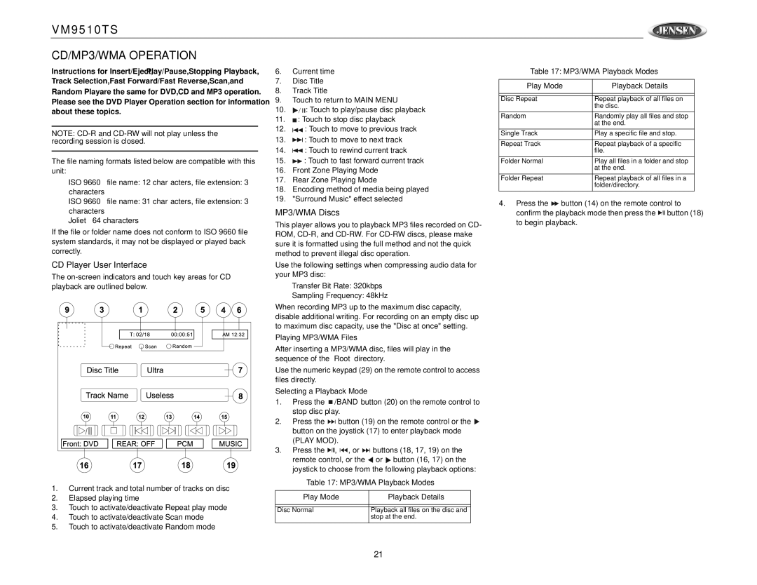 Jensen VM9510TS operation manual CD/MP3/WMA Operation, CD Player User Interface, MP3/WMA Discs, Playing MP3/WMA Files 