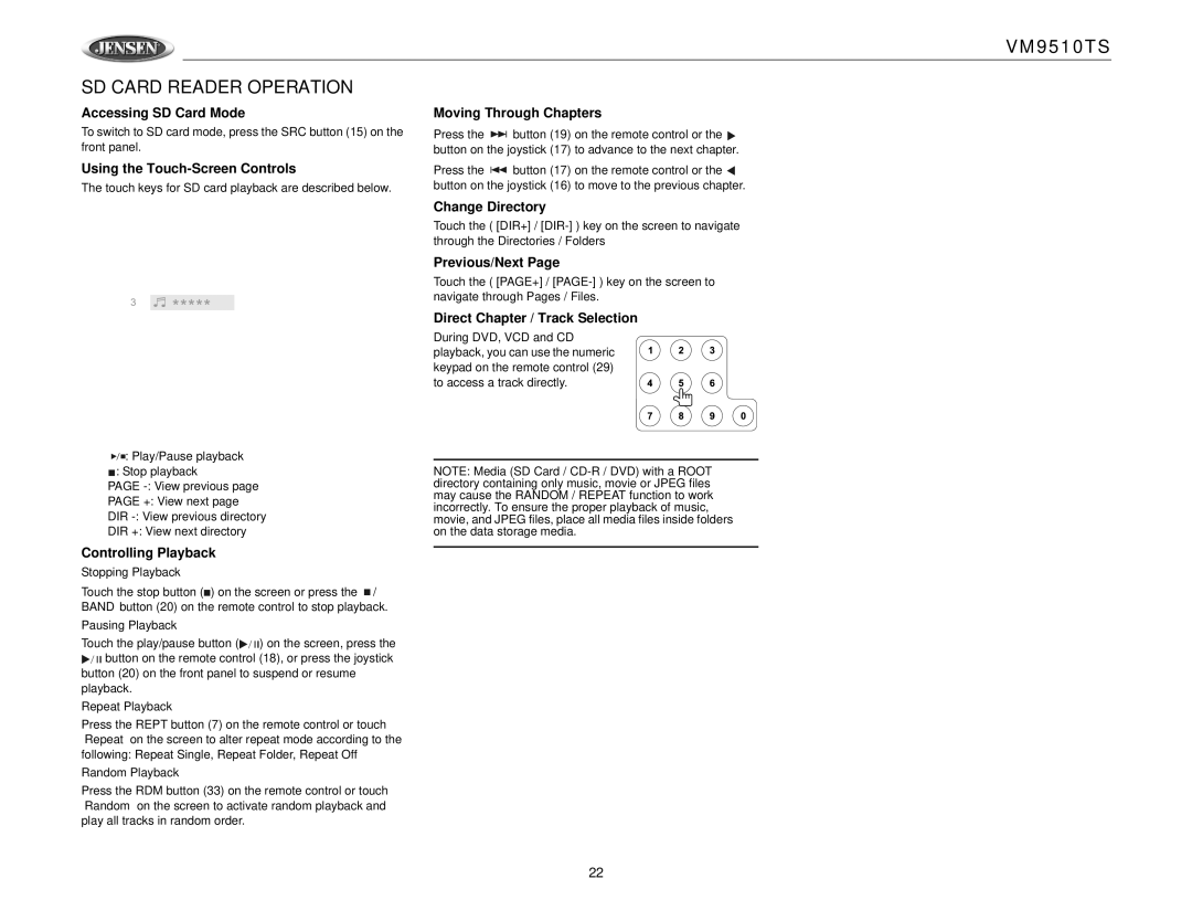 Jensen VM9510TS operation manual SD Card Reader Operation, Accessing SD Card Mode, Change Directory, Previous/Next 