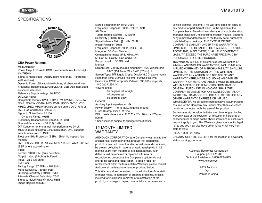 Jensen VM9510TS operation manual Specifications, Month Limited Warranty, CEA Power Ratings 