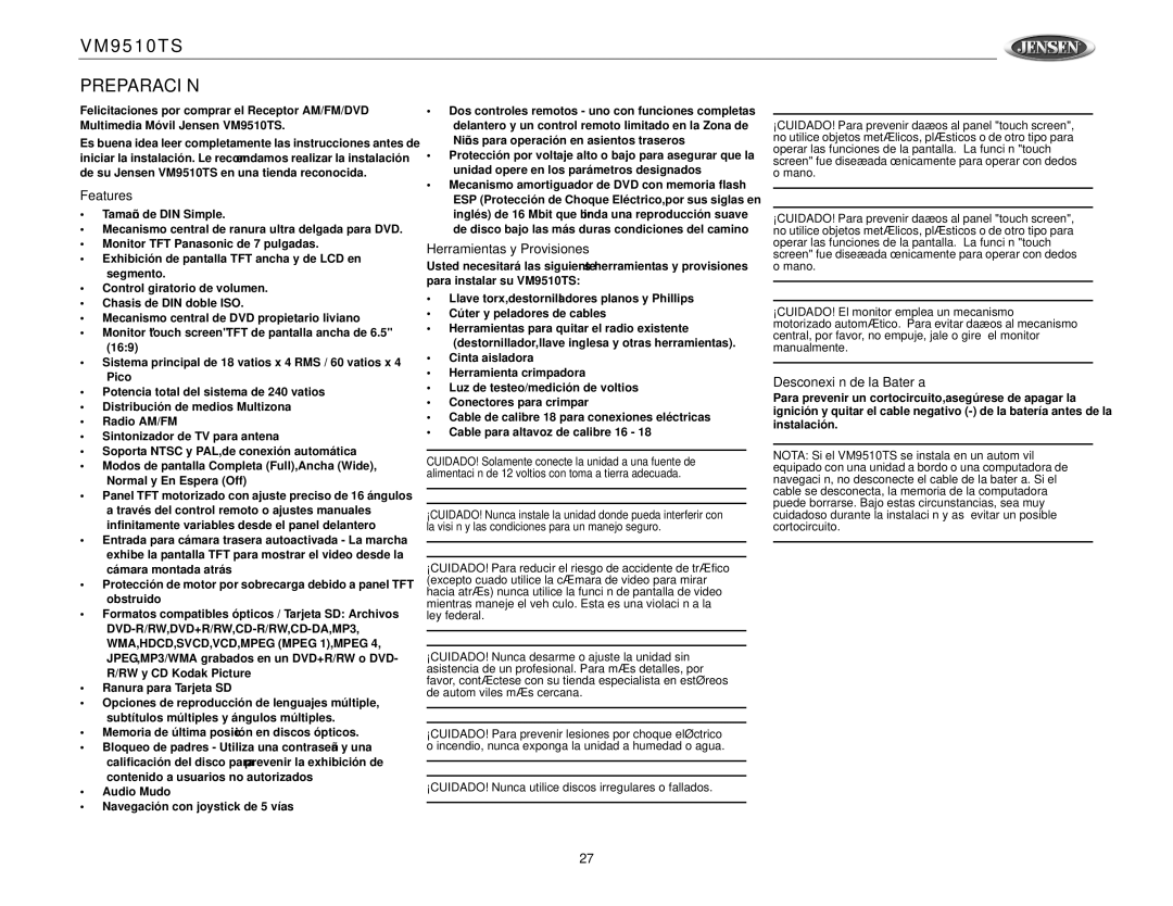 Jensen VM9510TS operation manual Preparación, Herramientas y Provisiones, Desconexión de la Batería 