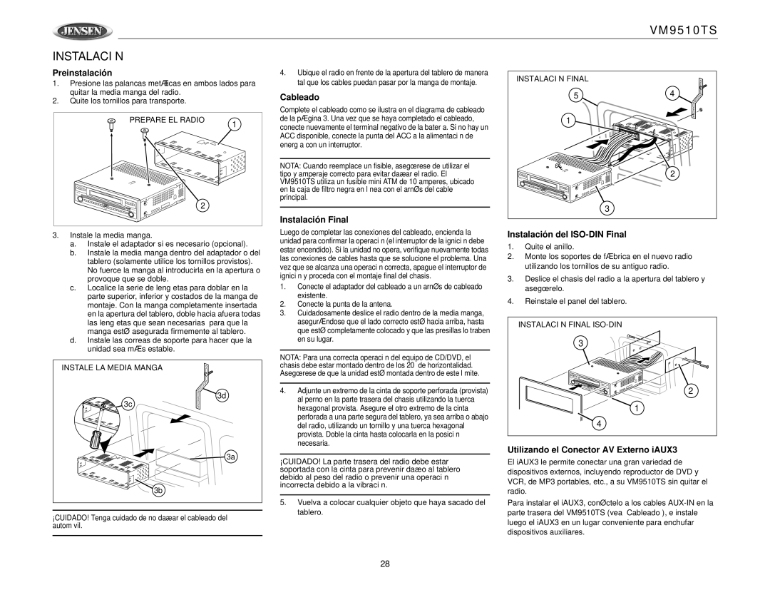 Jensen VM9510TS operation manual Instalación 