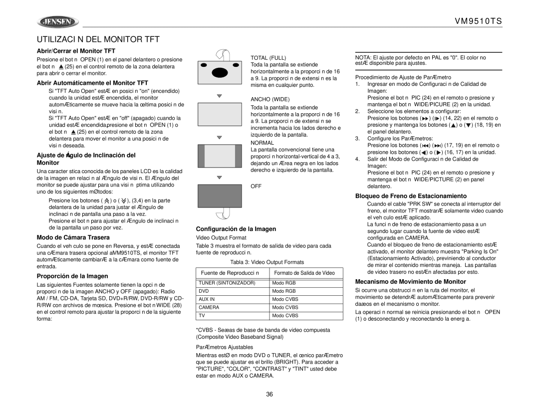 Jensen VM9510TS operation manual Utilización DEL Monitor TFT 