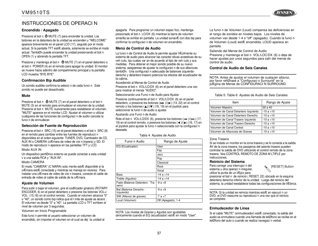 Jensen VM9510TS operation manual Instrucciones DE Operación 