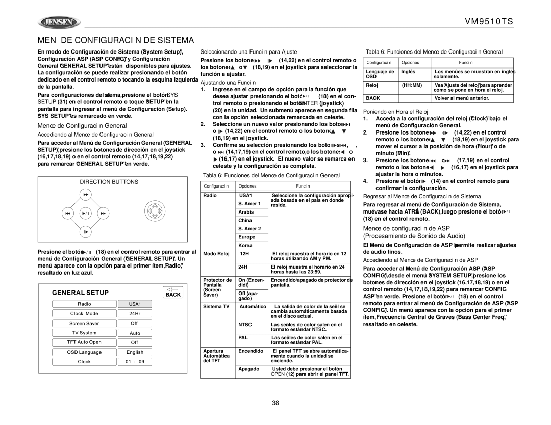 Jensen VM9510TS operation manual Menú DE Configuración DE Sistema, Menú de Configuración General 