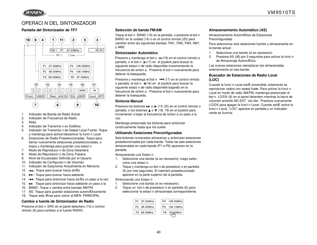 Jensen VM9510TS operation manual Operación DEL Sintonizador 