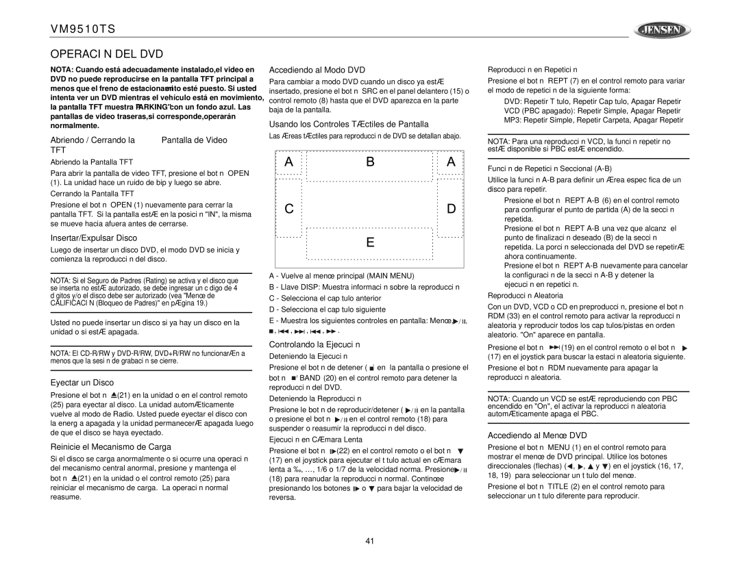 Jensen VM9510TS operation manual Operación DEL DVD 