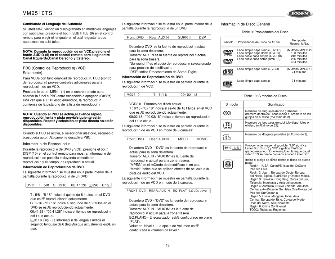 Jensen VM9510TS PBC Control de Reproducción VCD Solamente, Información de Reproducción, Información de Disco General 