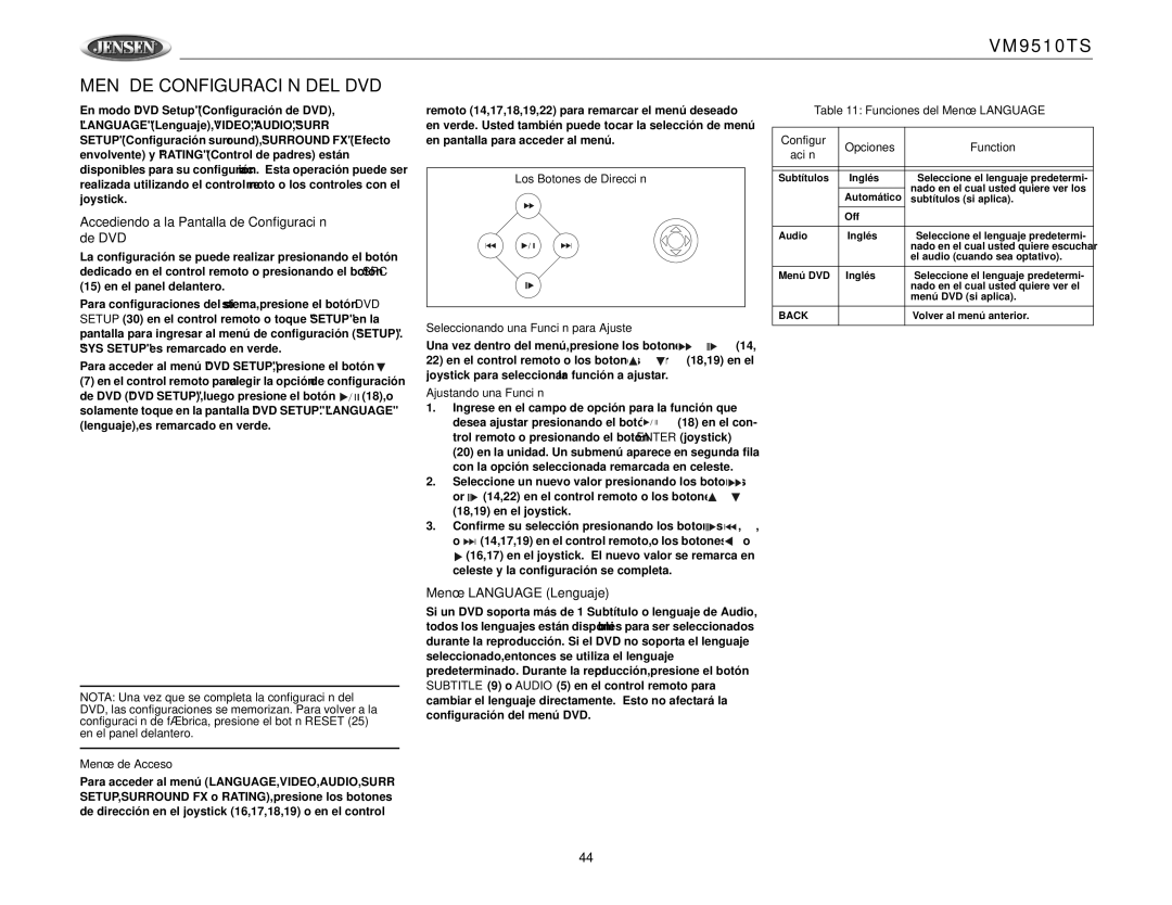 Jensen VM9510TS Menú DE Configuración DEL DVD, Accediendo a la Pantalla de Configuración de DVD, Menú Language Lenguaje 