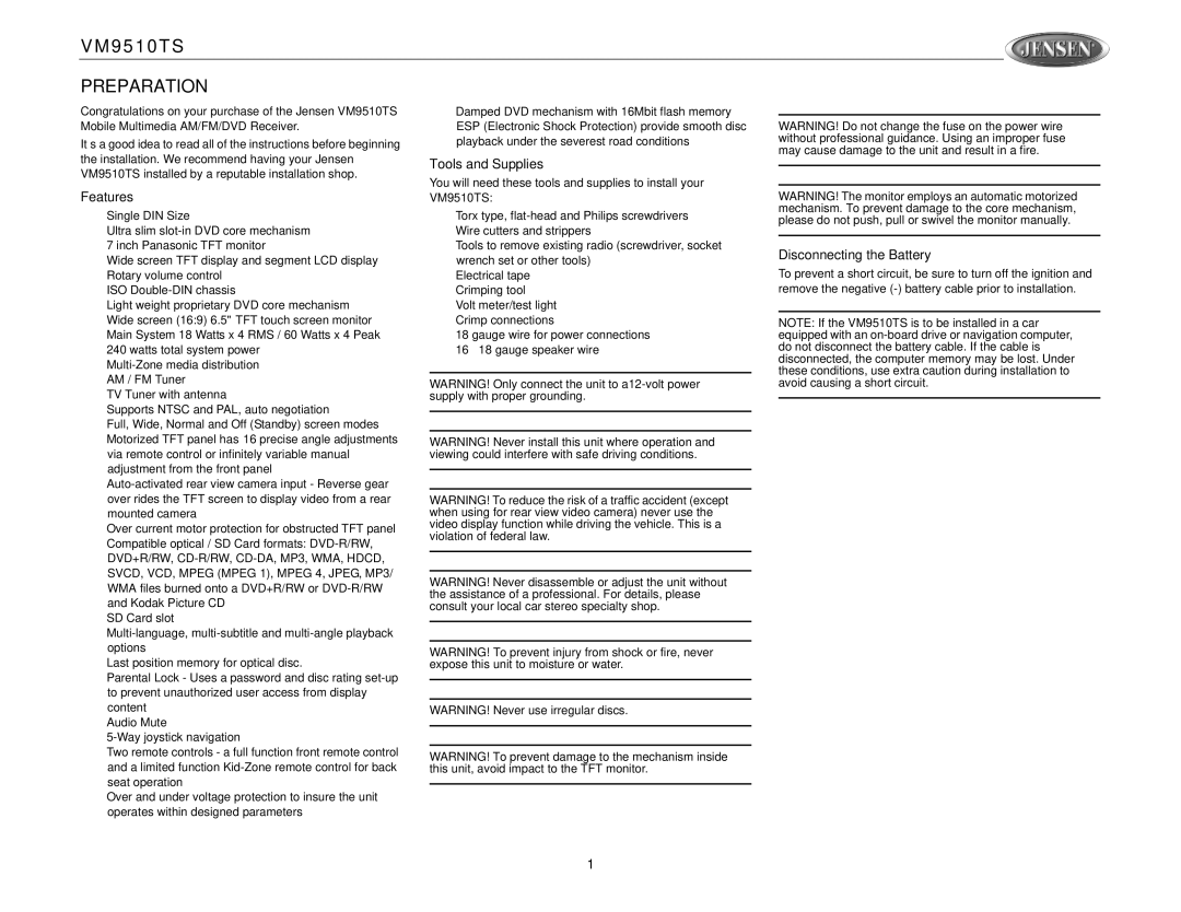 Jensen VM9510TS operation manual Preparation, Features, Tools and Supplies, Disconnecting the Battery 