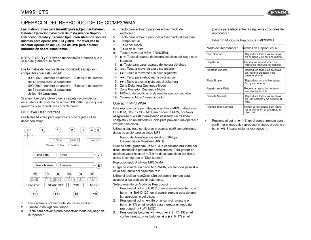 Jensen VM9510TS operation manual Operación DEL Reproductor DE CD/MP3/WMA, Operación MP3/WMA, Reproduciendo Archivos MP3/WMA 