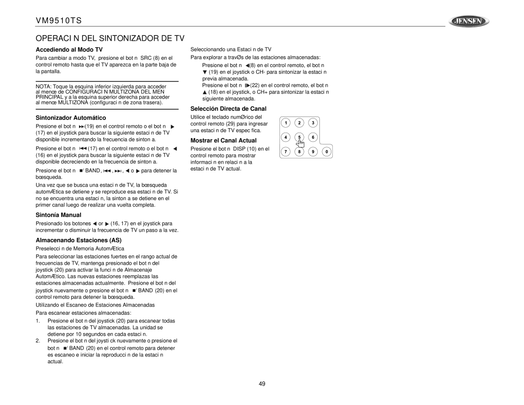 Jensen VM9510TS operation manual Operación DEL Sintonizador DE TV, Accediendo al Modo TV, Almacenando Estaciones AS 