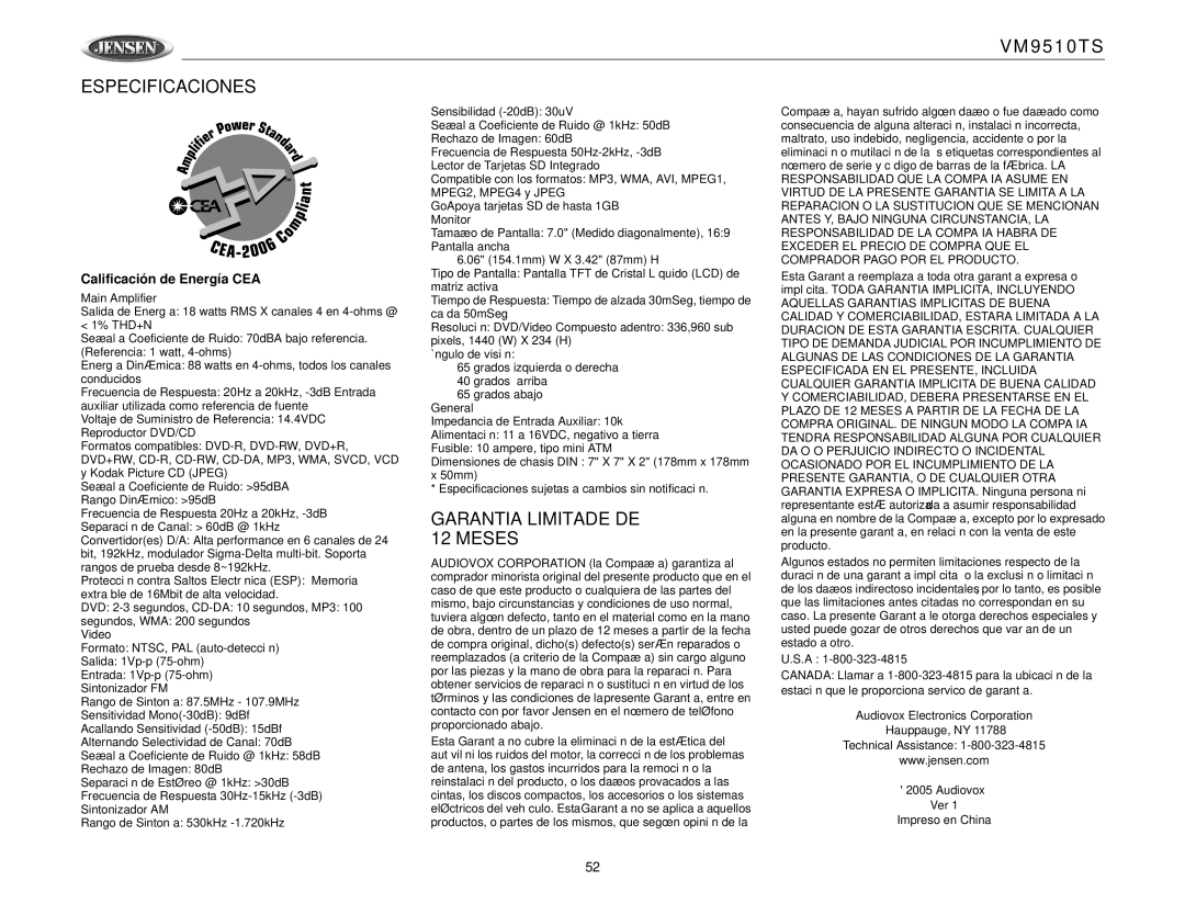 Jensen VM9510TS operation manual Especificaciones, Garantia Limitade DE 12 Meses, Calificación de Energía CEA 