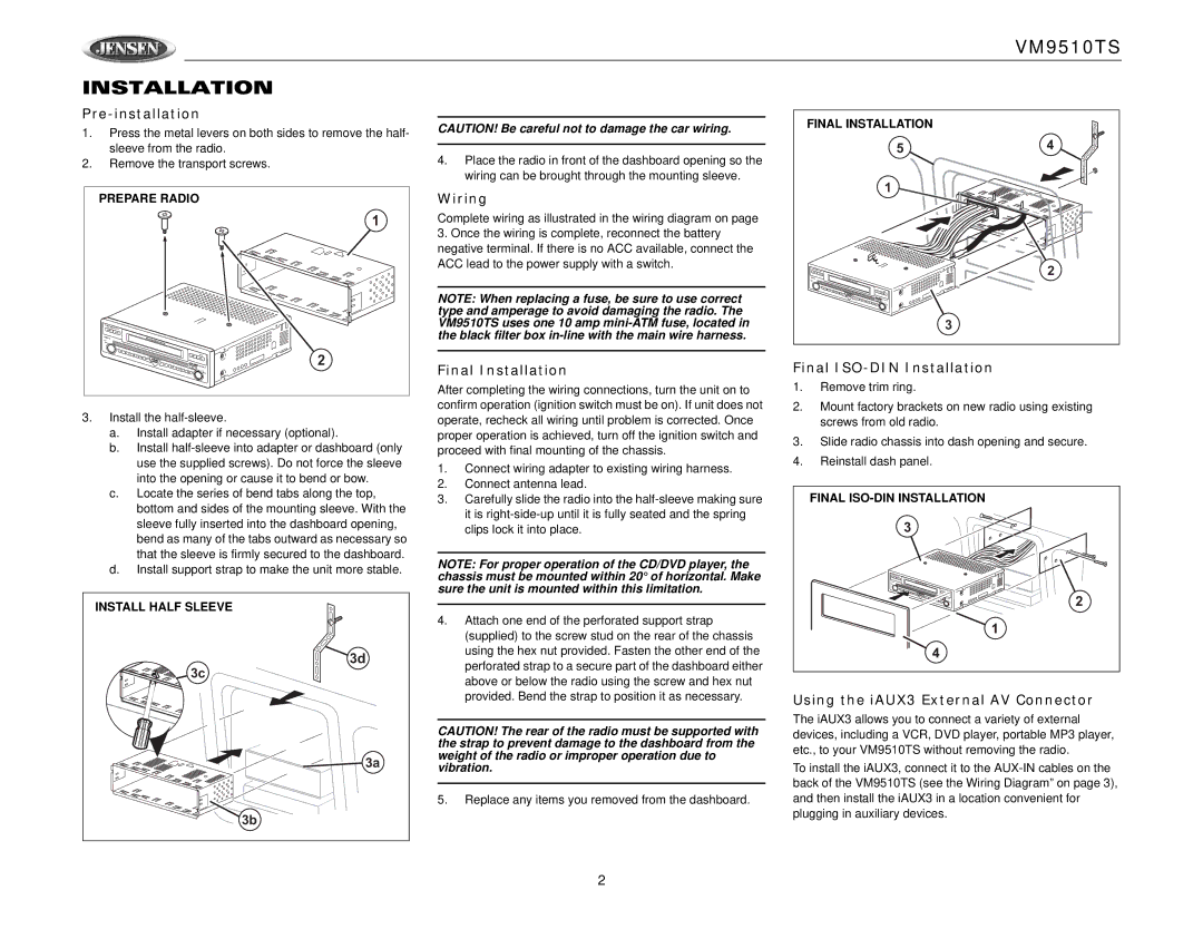 Jensen VM9510TS operation manual Pre-installation, Wiring, Final Installation Final ISO-DIN Installation 